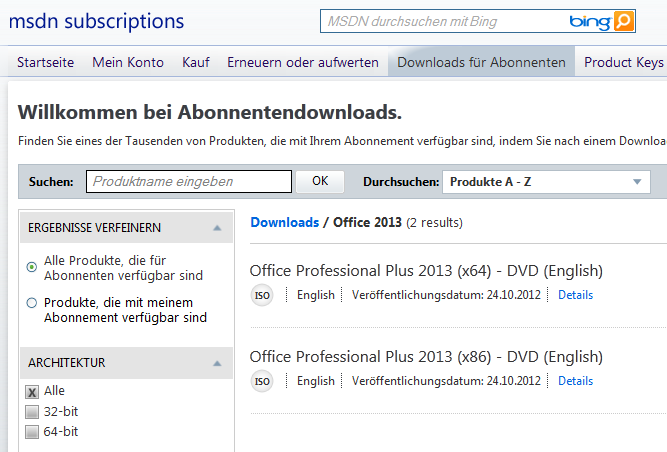 Office 2013 Final Download im MSDN Subscription